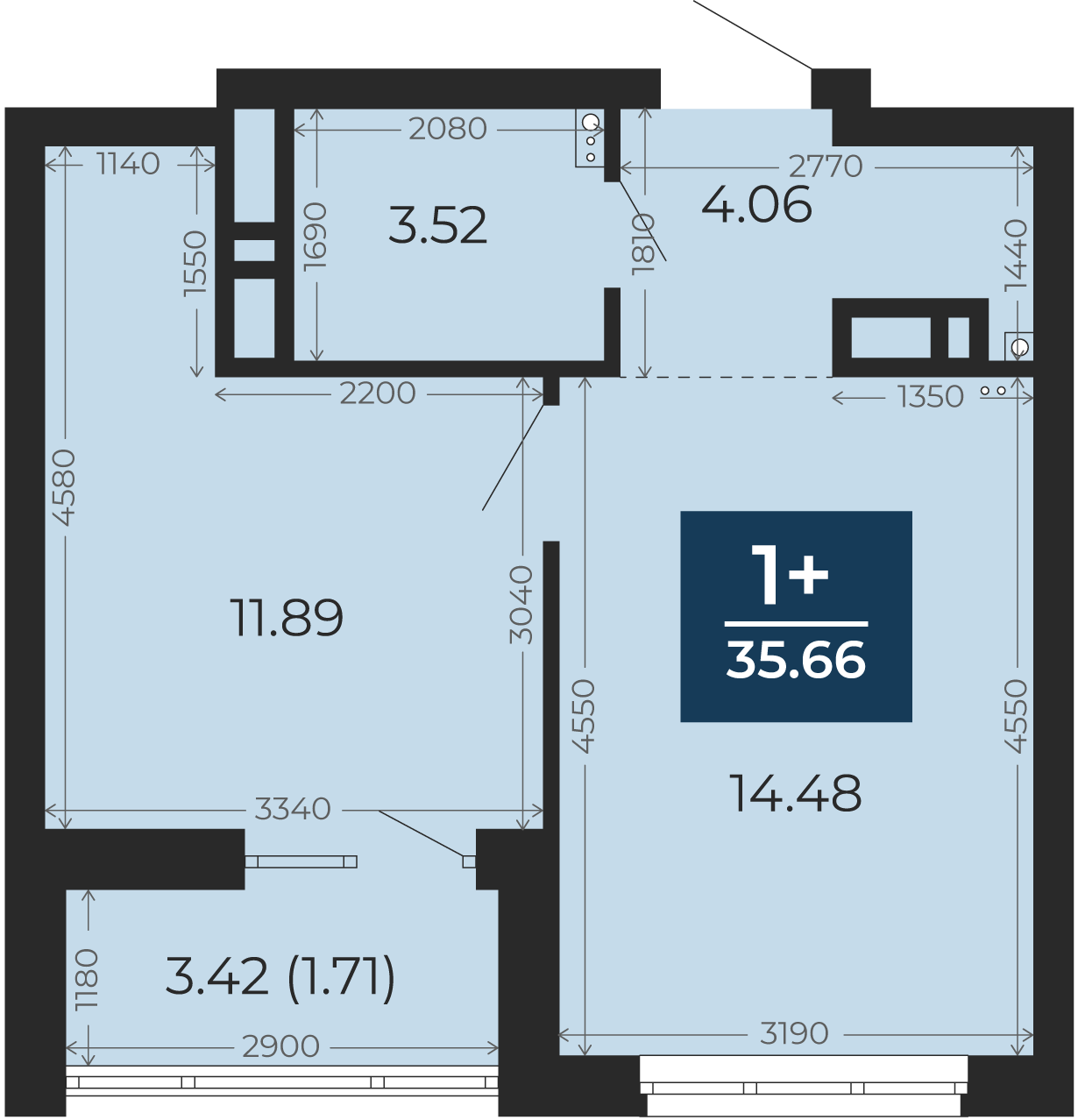 Квартира № 95, 1-комнатная, 35.66 кв. м, 13 этаж