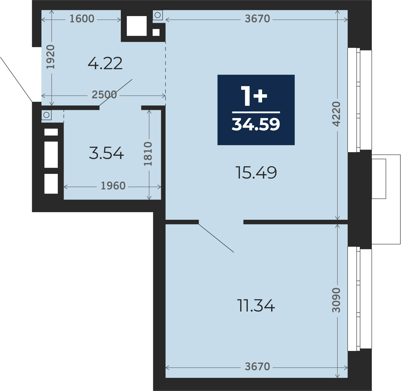 Квартира № 8, 1-комнатная, 34.59 кв. м, 3 этаж