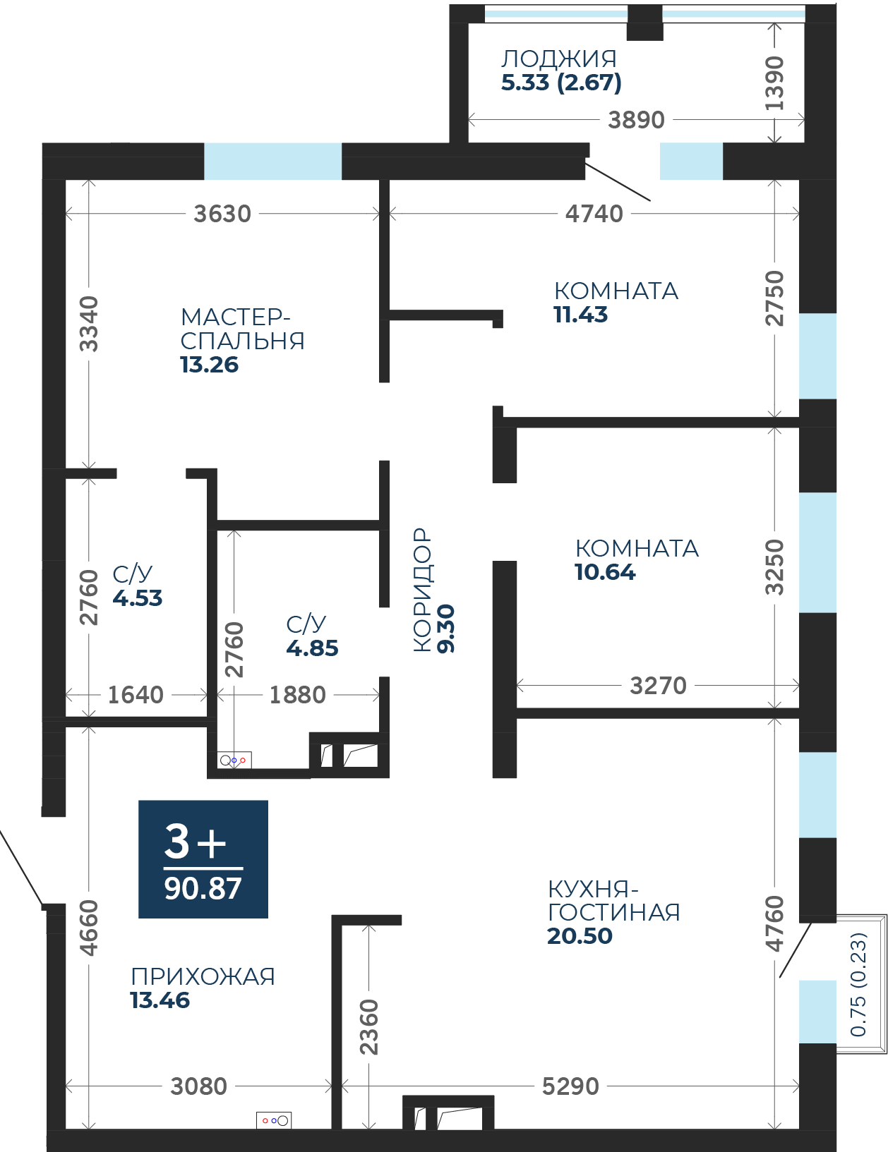Квартира № 12, 3-комнатная, 90.87 кв. м, 3 этаж