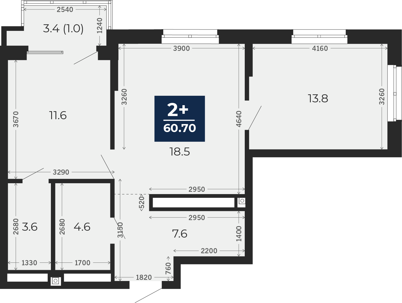 Квартира № 326, 2-комнатная, 63.1 кв. м, 10 этаж