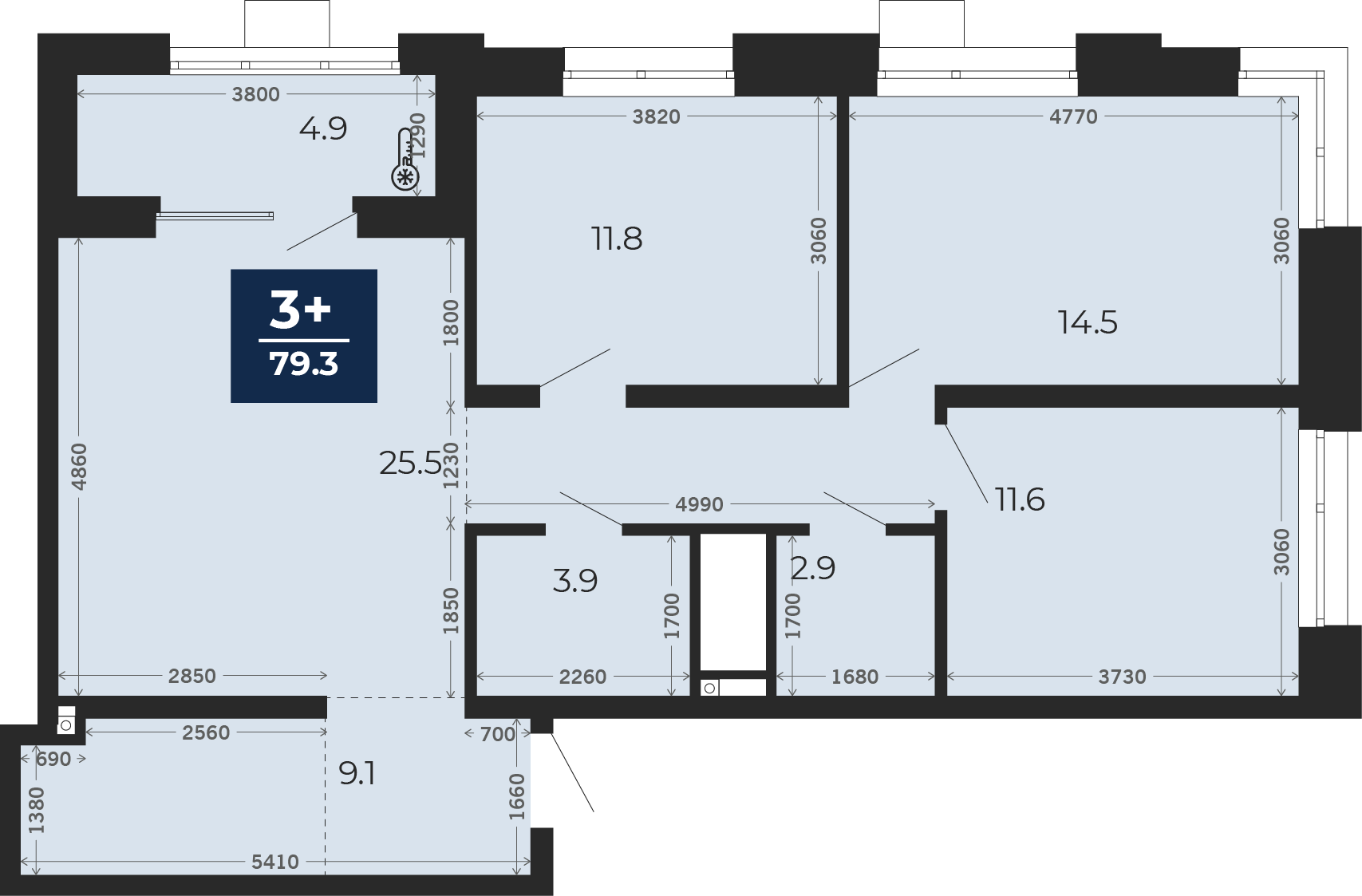 Квартира № 9, 3-комнатная, 85.5 кв. м, 3 этаж