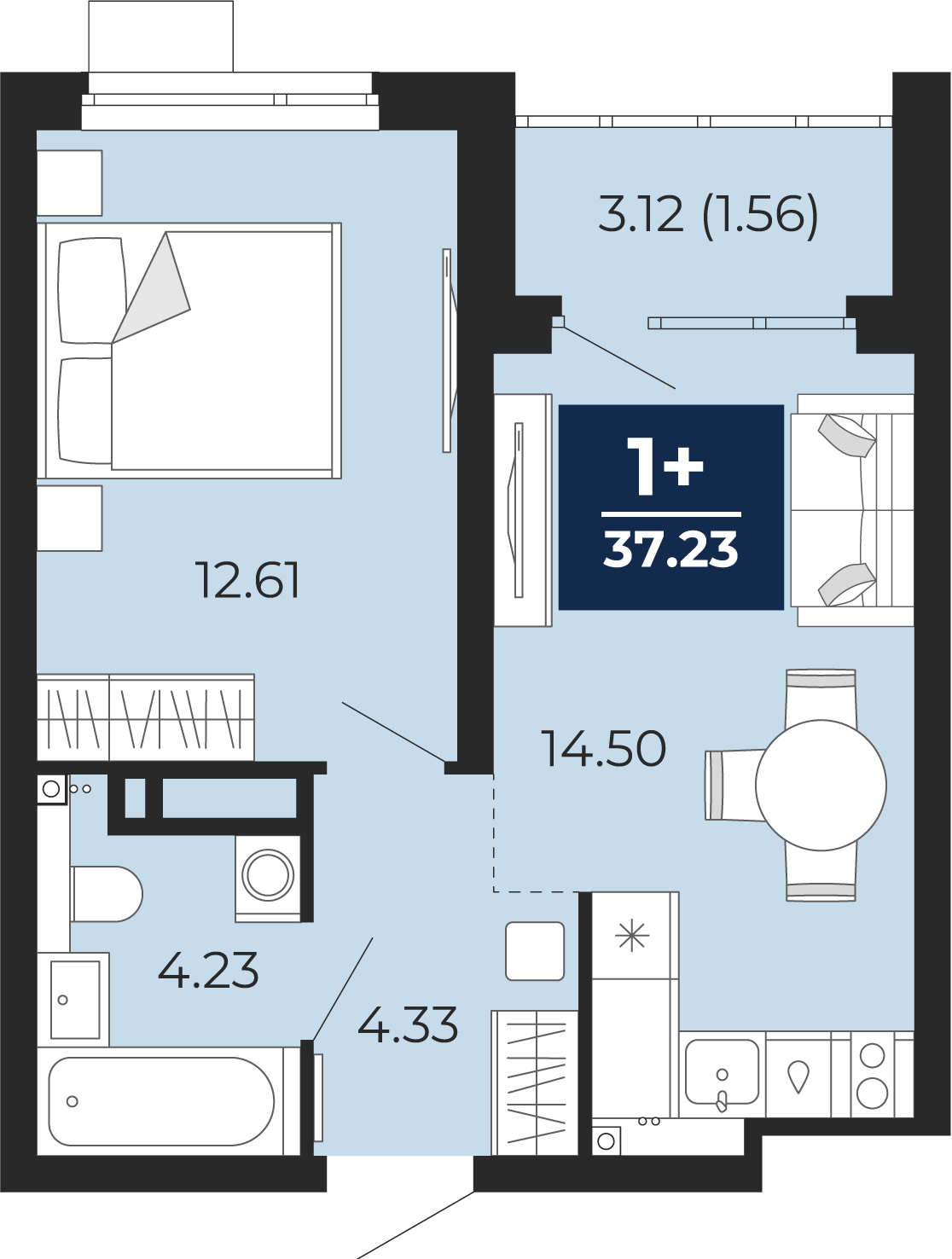 Квартира № 272, 1-комнатная, 37.23 кв. м, 17 этаж