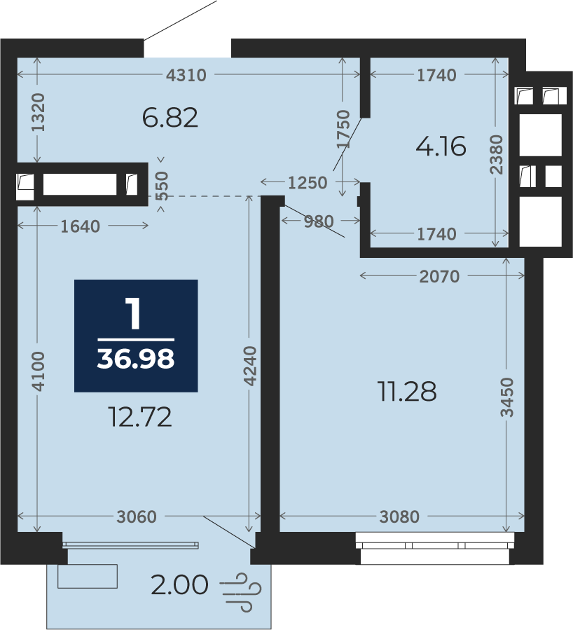 Квартира № 191, 1-комнатная, 36.98 кв. м, 2 этаж
