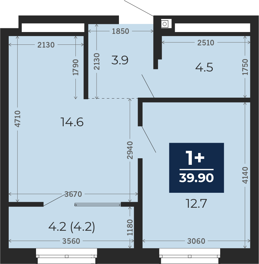 Квартира № 267, 1-комнатная, 39.9 кв. м, 13 этаж