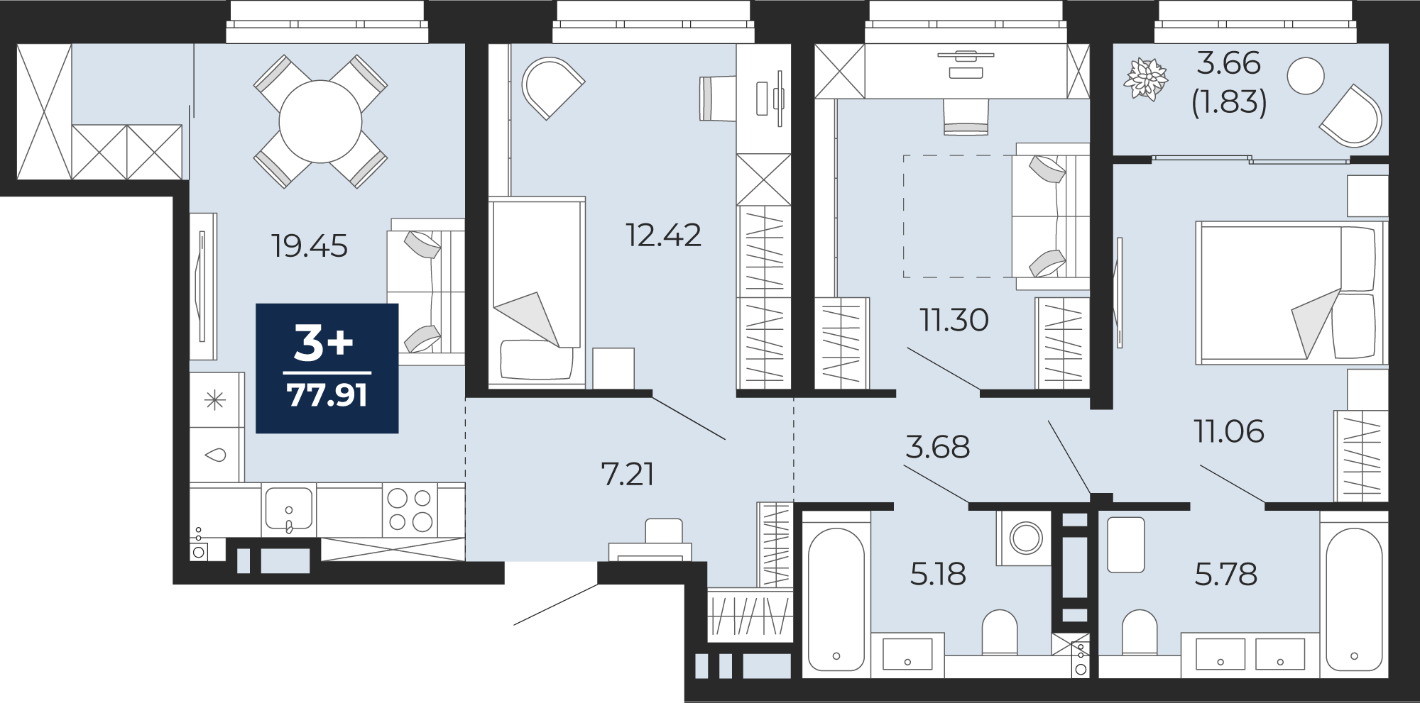 Квартира № 193, 3-комнатная, 77.91 кв. м, 8 этаж