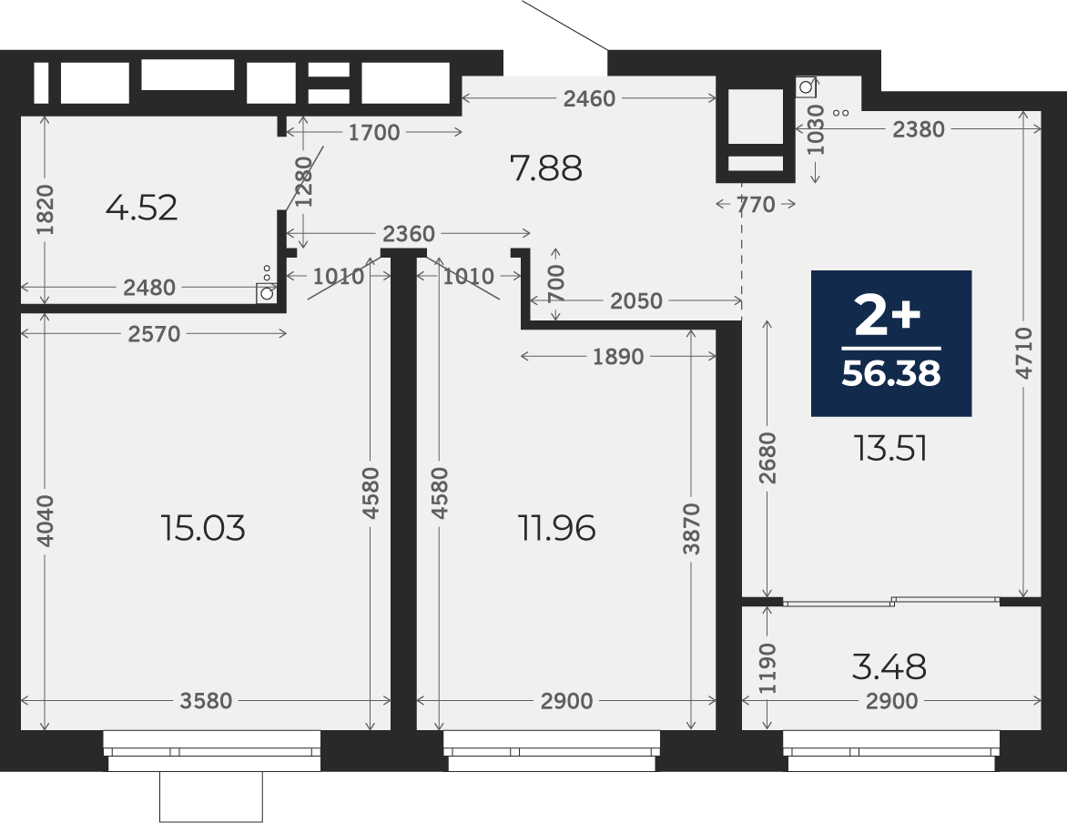 Квартира № 307, 2-комнатная, 56.38 кв. м, 20 этаж