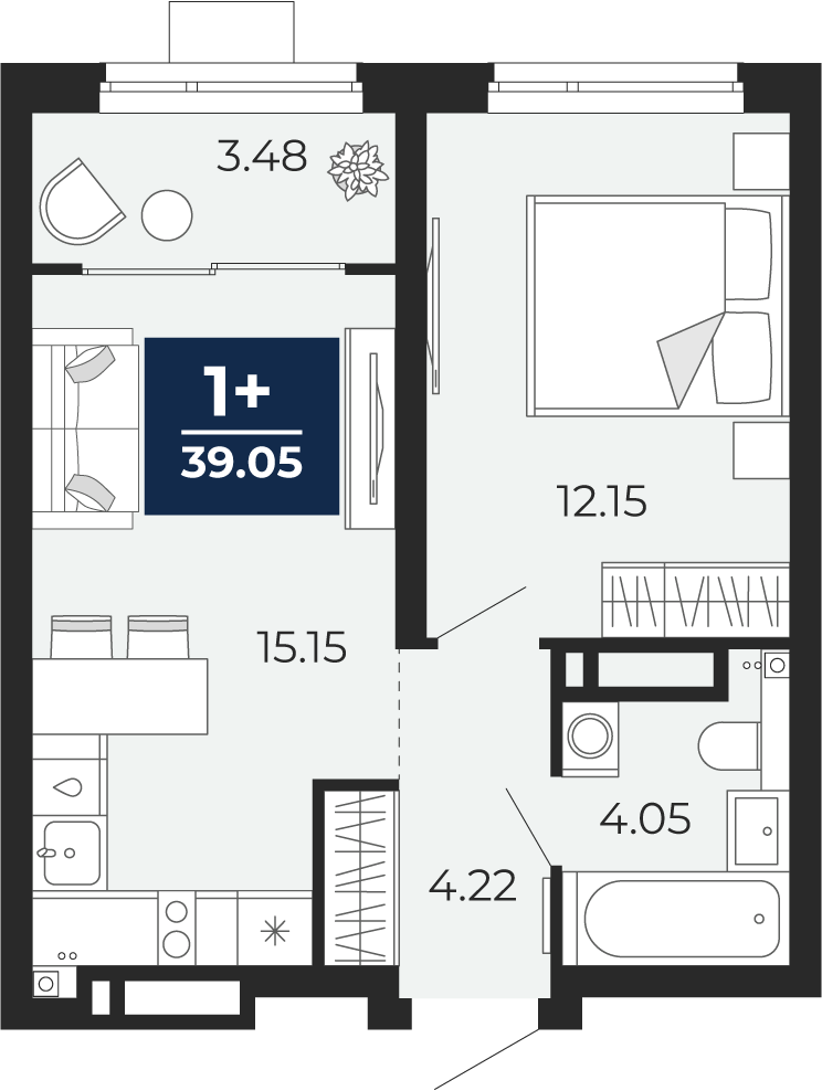 Квартира № 303, 1-комнатная, 39.05 кв. м, 20 этаж