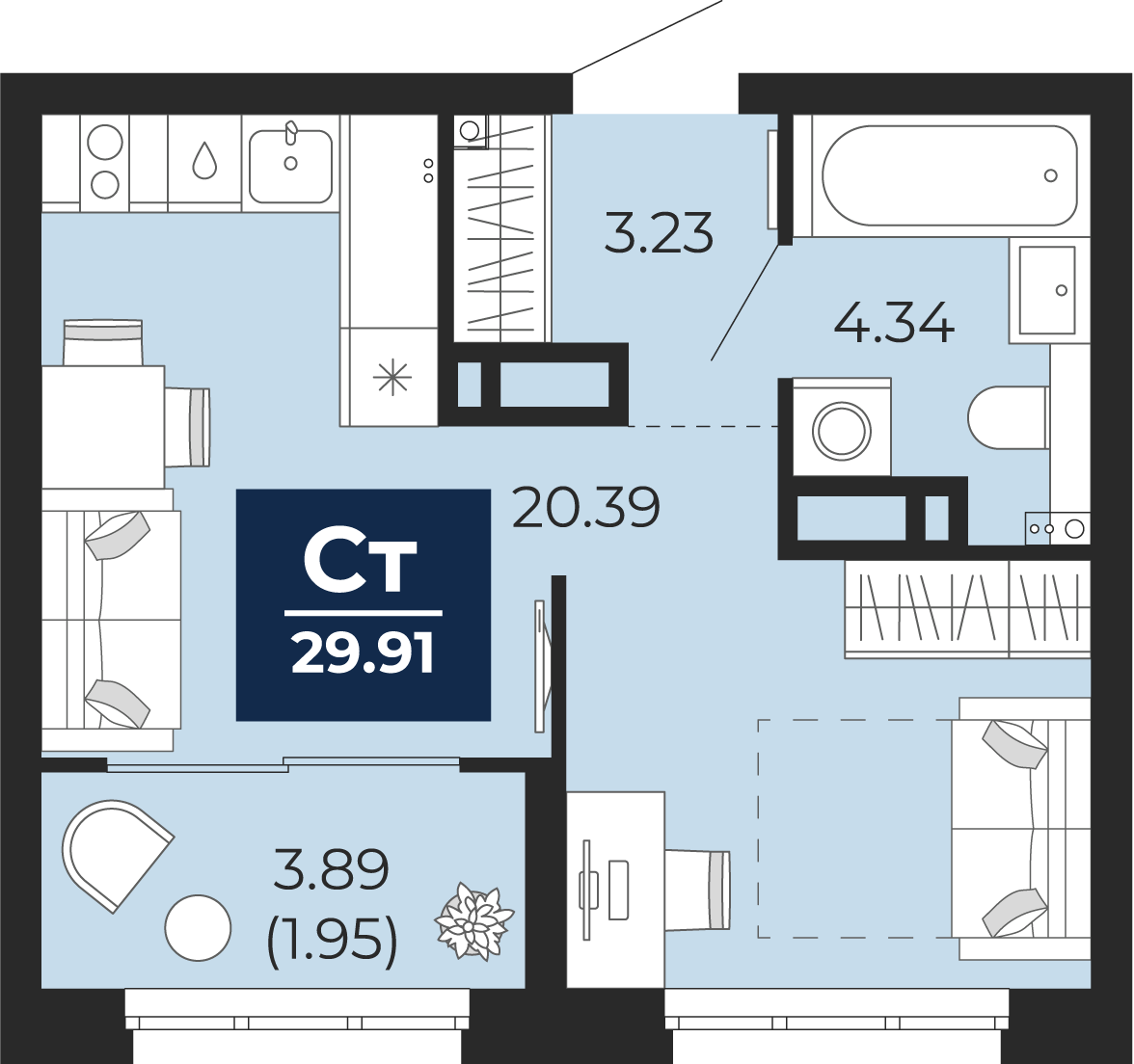 Квартира № 65, Студия, 29.91 кв. м, 14 этаж