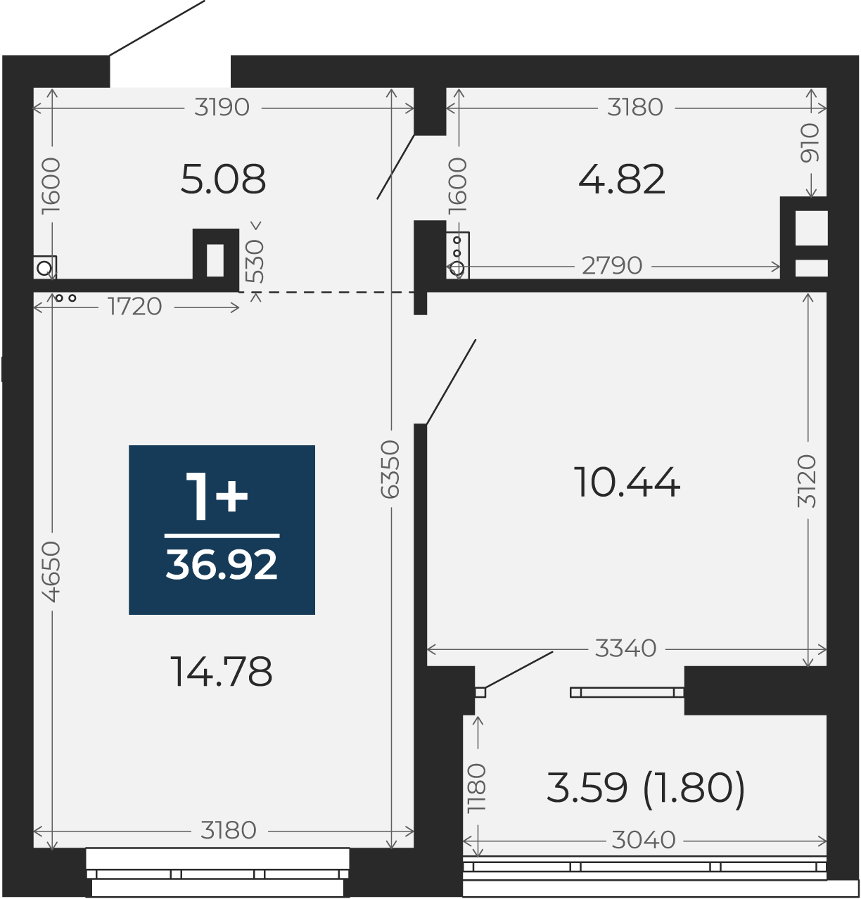 Квартира № 189, 1-комнатная, 36.92 кв. м, 2 этаж