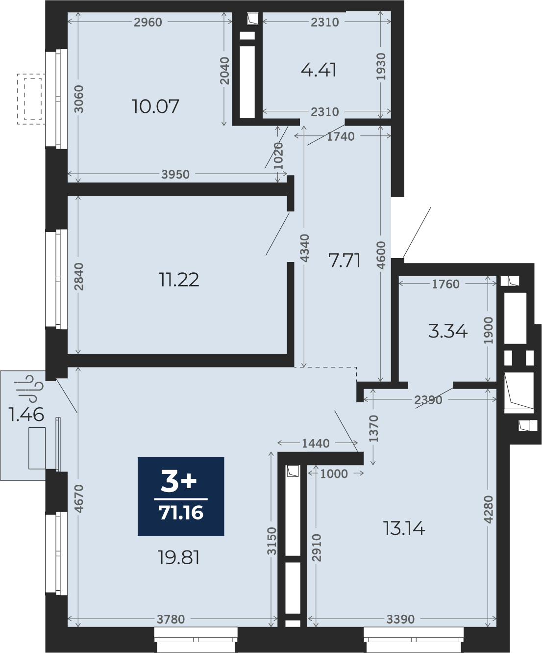 Квартира № 18, 3-комнатная, 71.16 кв. м, 4 этаж