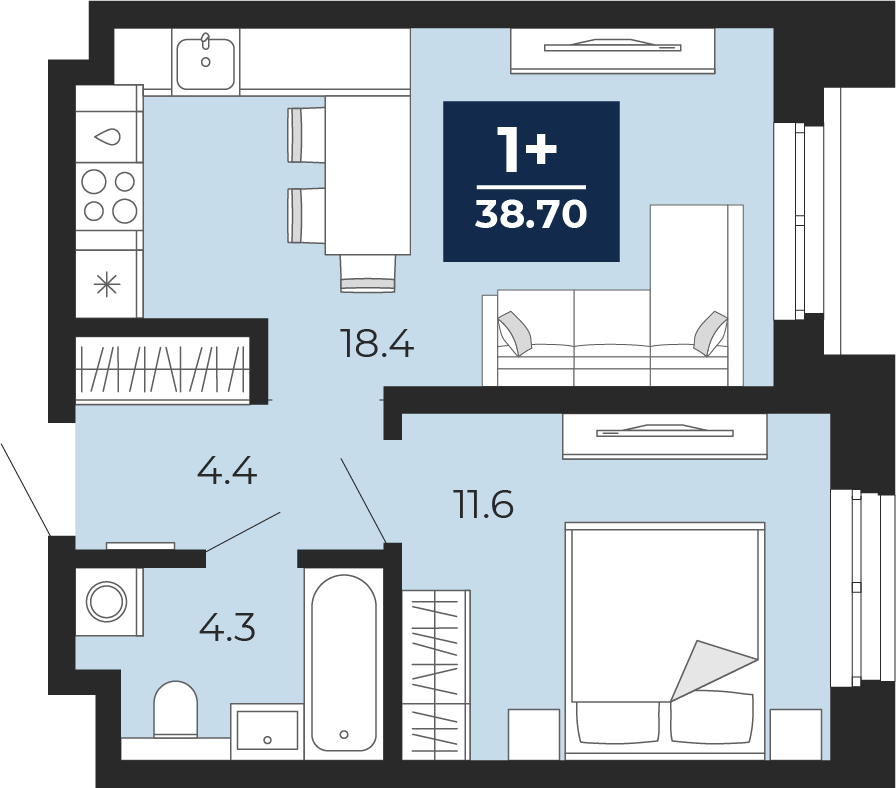 Квартира № 197, 1-комнатная, 38.7 кв. м, 1 этаж