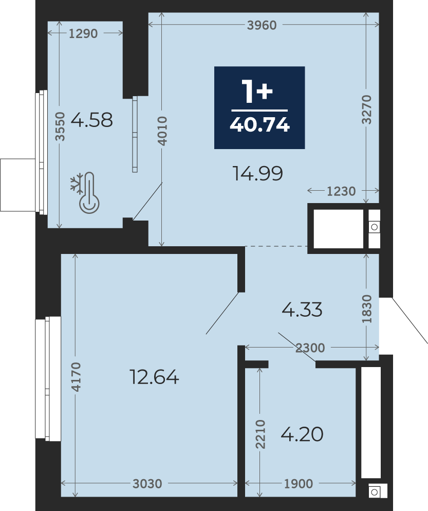 Квартира № 55, 1-комнатная, 40.74 кв. м, 8 этаж