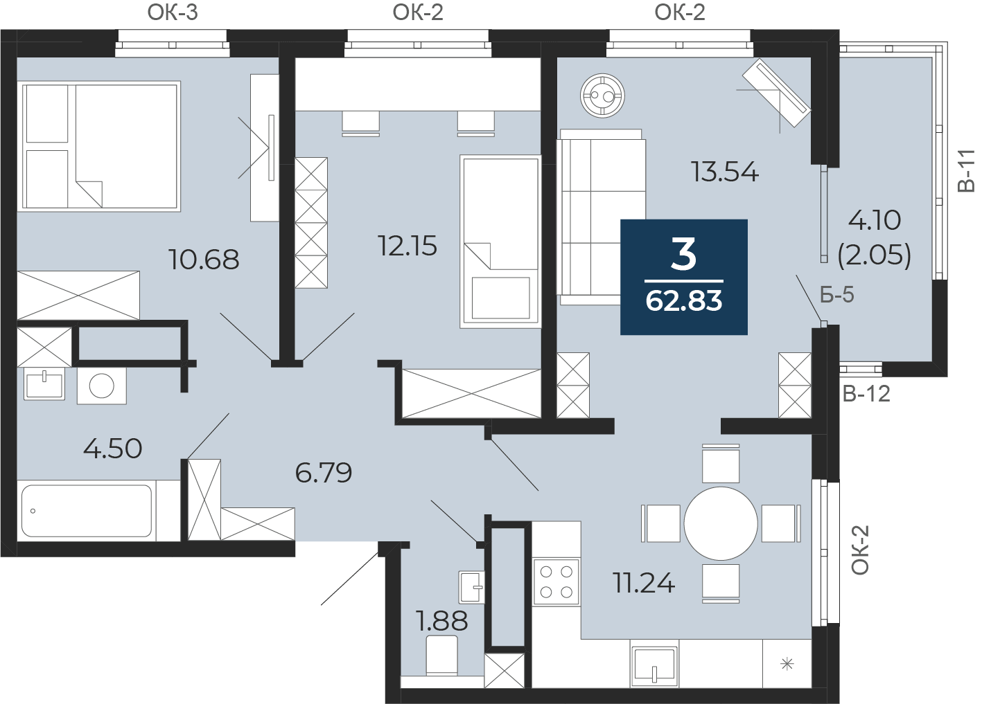 Квартира № 105, 3-комнатная, 62.83 кв. м, 16 этаж
