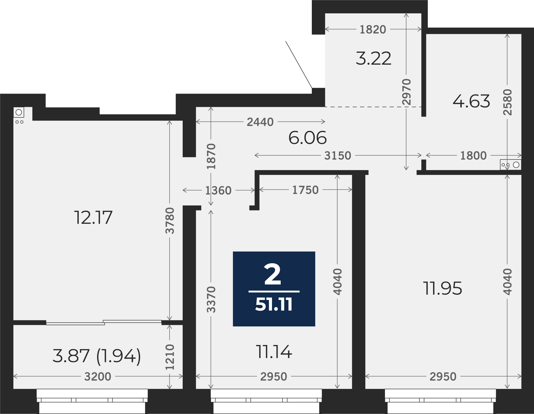 Квартира № 64, 2-комнатная, 51.11 кв. м, 14 этаж