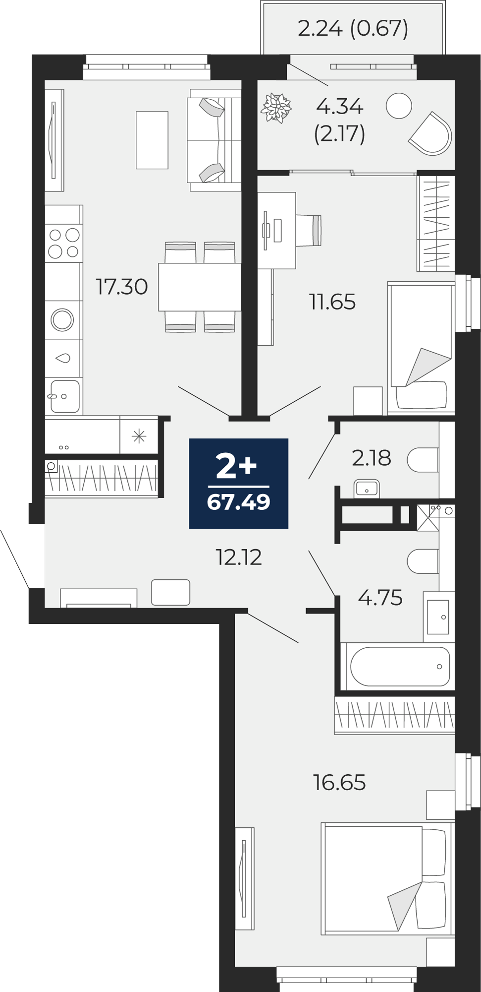 Квартира № 317, 2-комнатная, 67.49 кв. м, 4 этаж