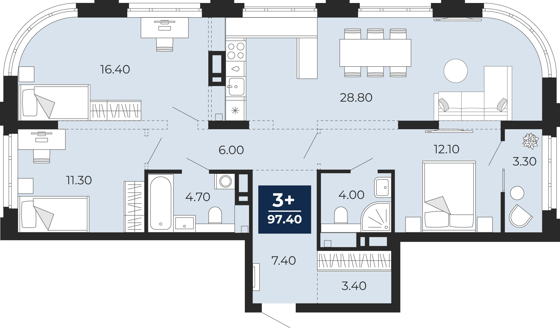 Планировка: 4-комнатная евро 97.4 м² в ЖК Айвазовский, 5-й Заречный