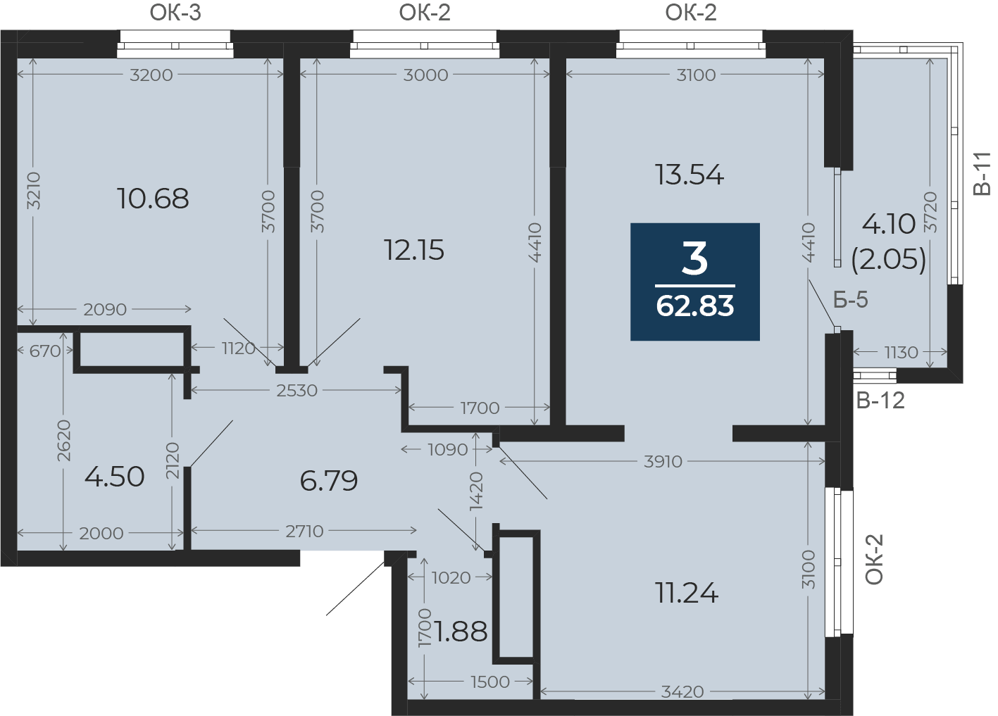 Квартира № 105, 3-комнатная, 62.83 кв. м, 16 этаж