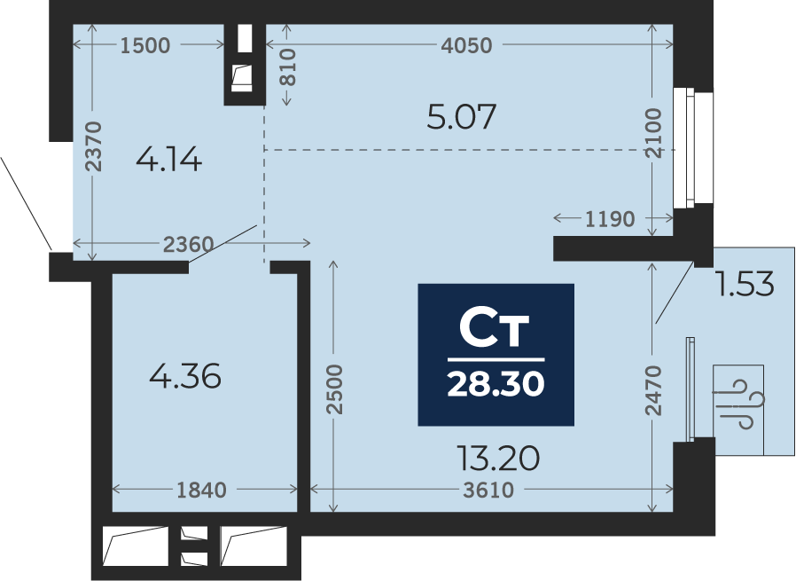 Квартира № 163, Студия, 27.23 кв. м, 2 этаж