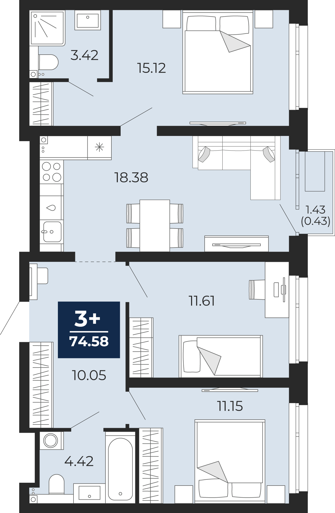 Квартира № 329, 3-комнатная, 74.58 кв. м, 2 этаж