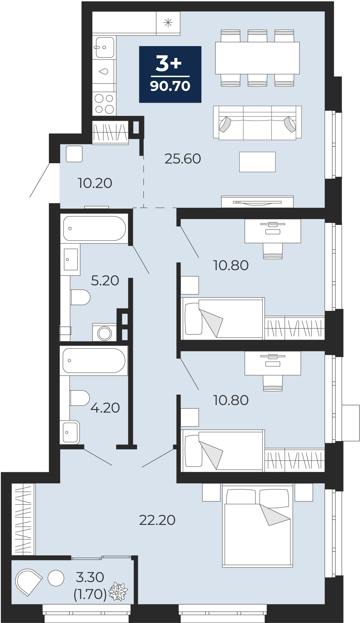 Квартира № 96, 3-комнатная, 92.3 кв. м, 2 этаж