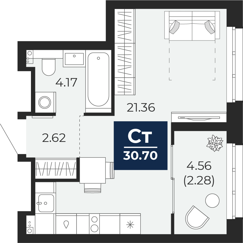 Квартира № 523, Студия, 30.7 кв. м, 17 этаж