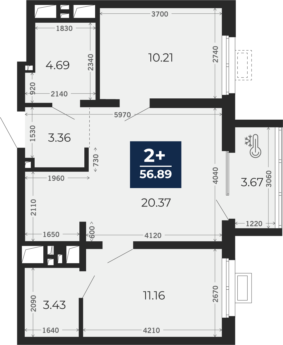 Квартира № 284, 2-комнатная, 56.89 кв. м, 17 этаж
