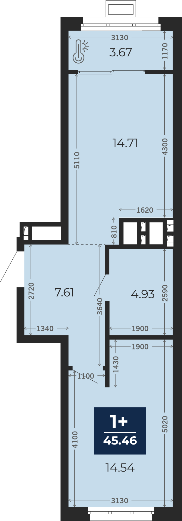 Квартира № 309, 1-комнатная, 45.46 кв. м, 18 этаж