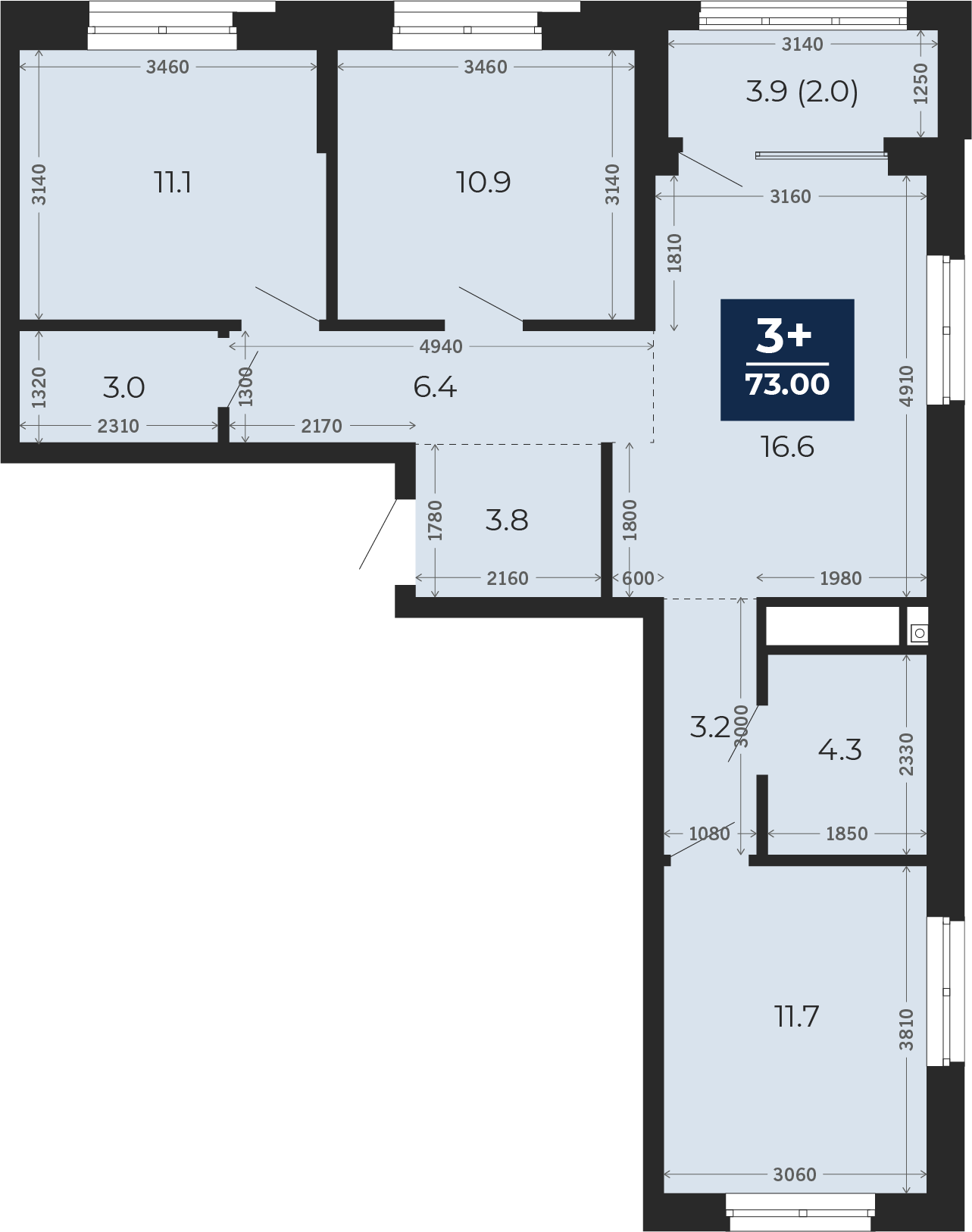 Квартира № 162, 3-комнатная, 73 кв. м, 11 этаж