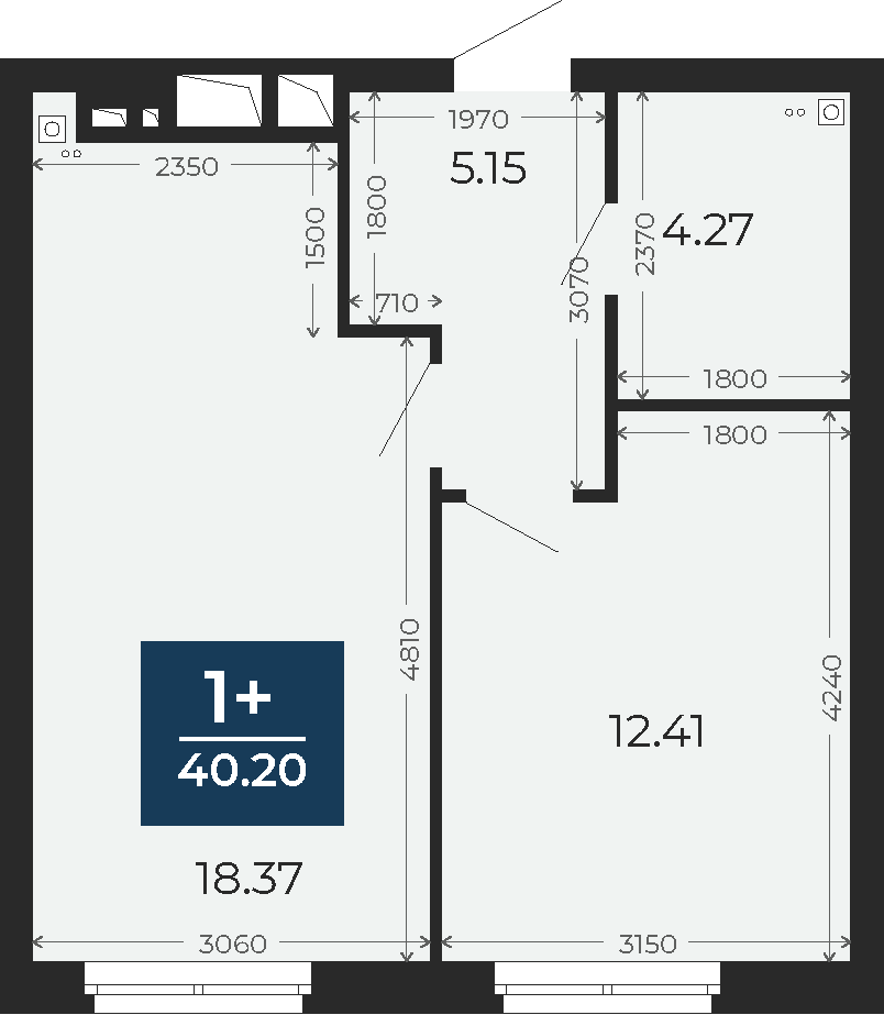 Квартира № 12, 1-комнатная, 40.2 кв. м, 2 этаж