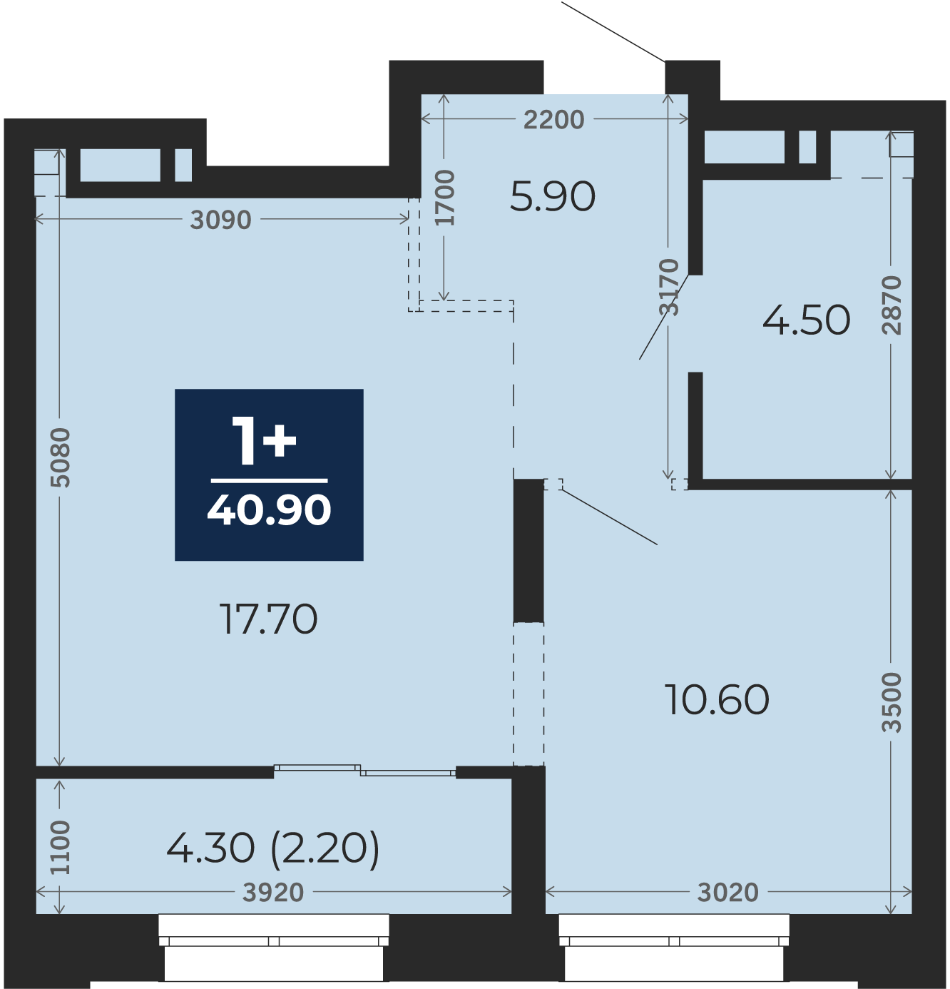 Квартира № 364, 1-комнатная, 40.9 кв. м, 3 этаж