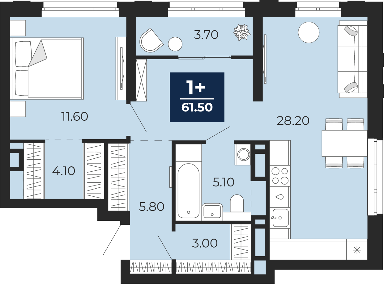 Квартира № 355, 1-комнатная, 61.5 кв. м, 18 этаж