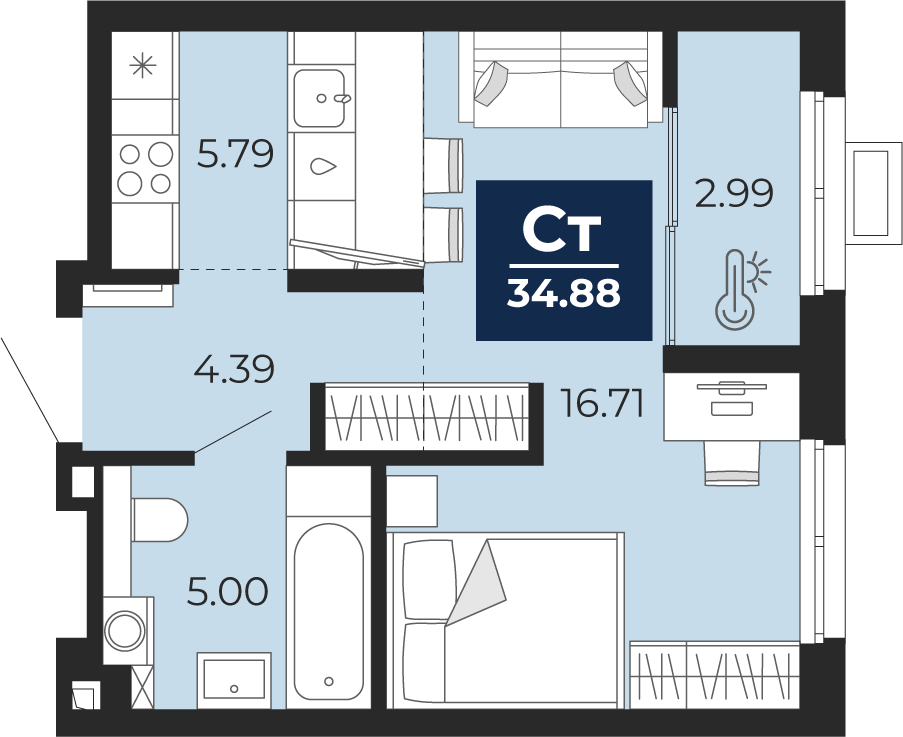 Квартира № 2, Студия, 34.88 кв. м, 2 этаж