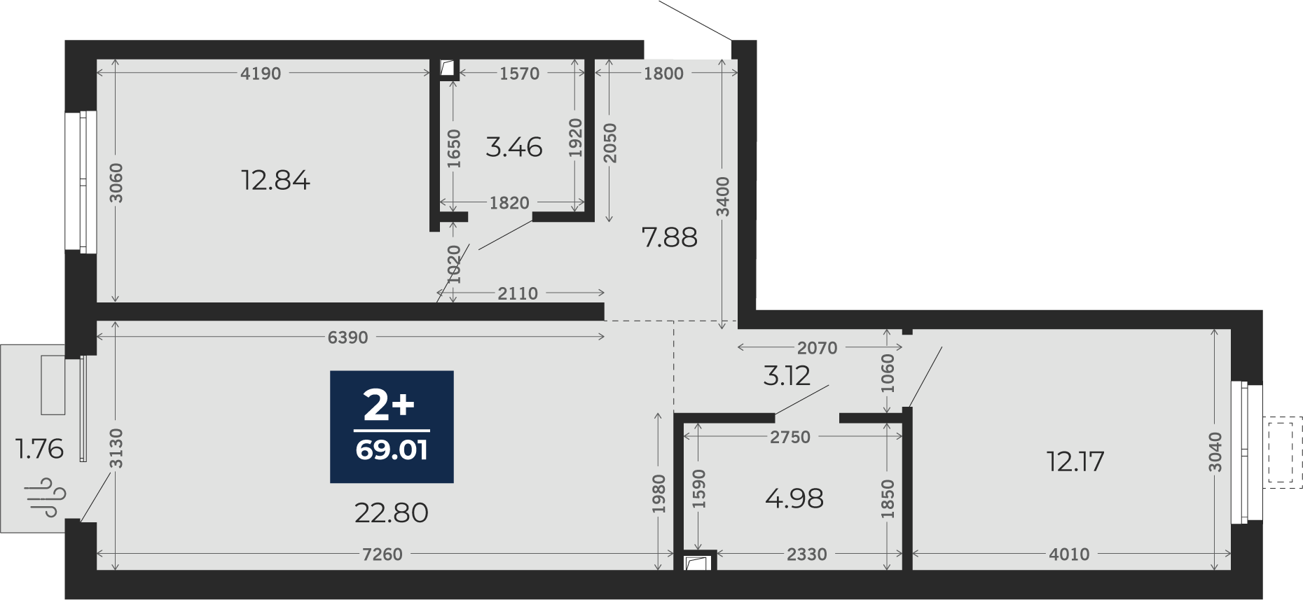 Квартира № 165, 2-комнатная, 69.01 кв. м, 2 этаж