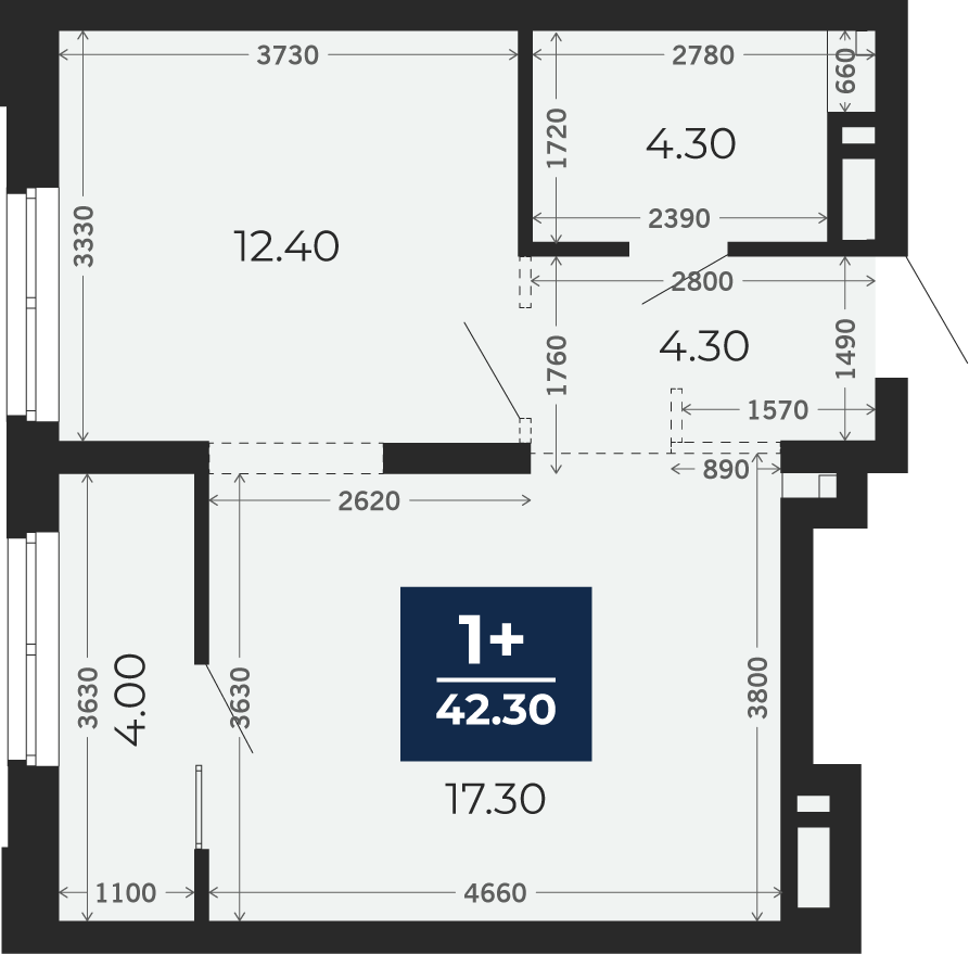 Квартира № 131, 1-комнатная, 42.3 кв. м, 18 этаж