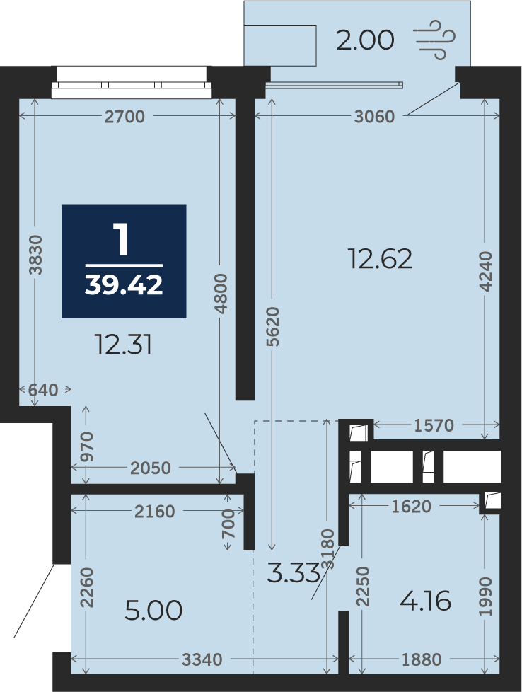 Квартира № 881, 1-комнатная, 38.02 кв. м, 2 этаж