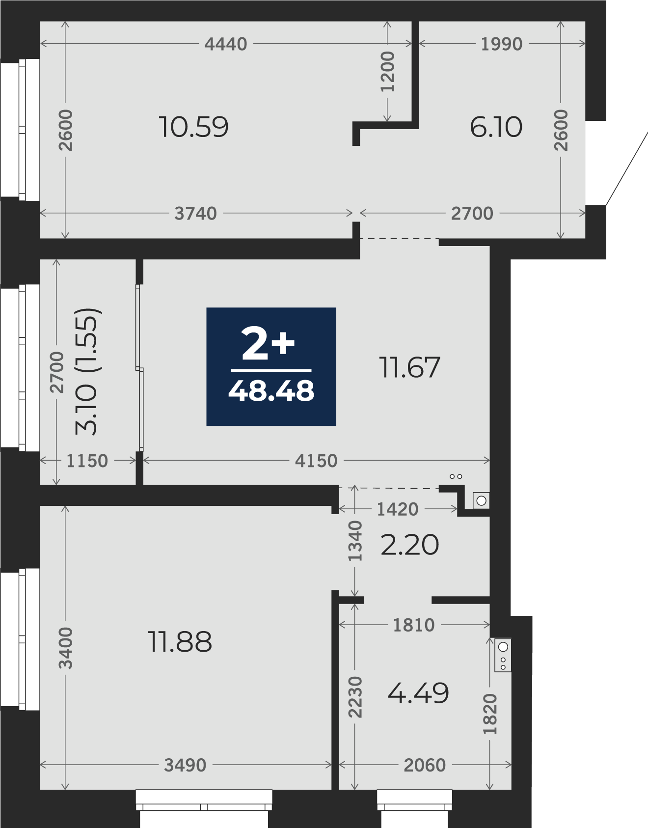 Квартира № 39, 2-комнатная, 48.48 кв. м, 2 этаж