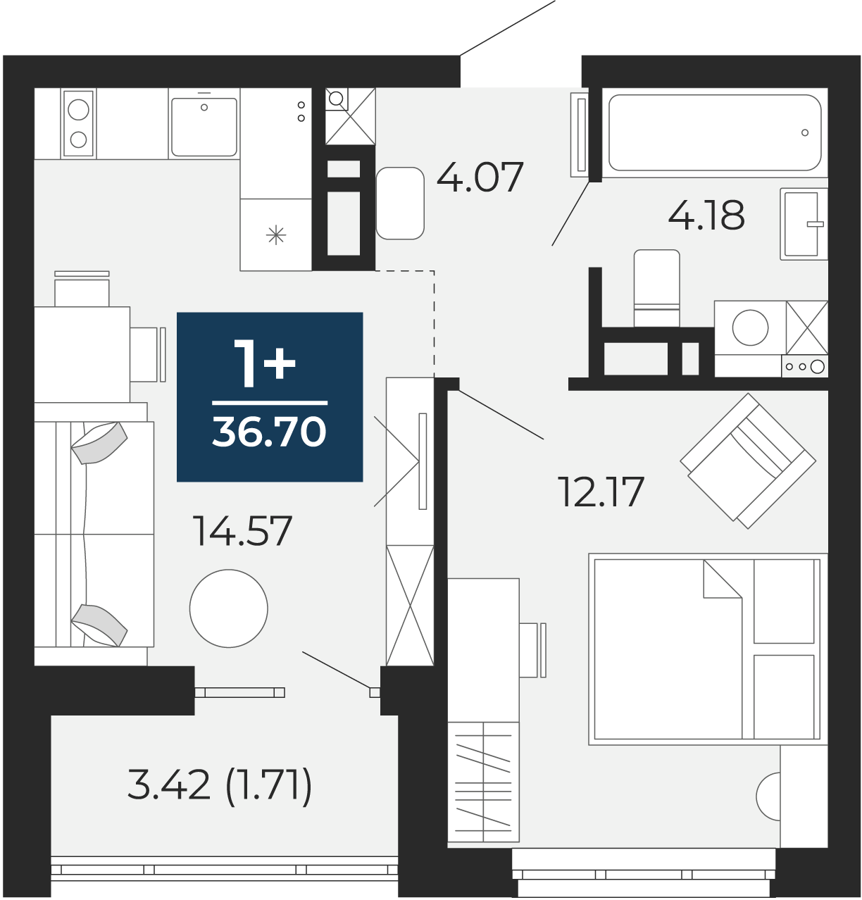 Квартира № 96, 1-комнатная, 36.7 кв. м, 13 этаж