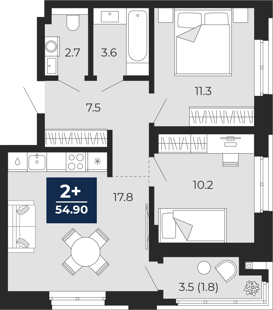Квартира № 198, 2-комнатная, 56.6 кв. м, 1 этаж