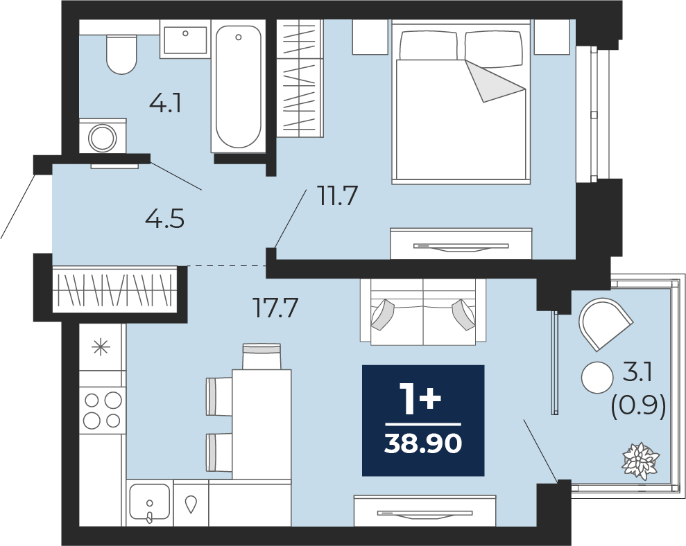 Квартира № 291, 1-комнатная, 41.1 кв. м, 13 этаж