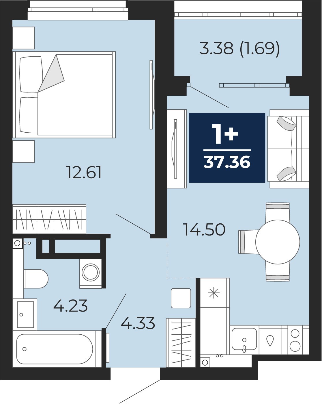 Квартира № 162, 1-комнатная, 37.36 кв. м, 6 этаж