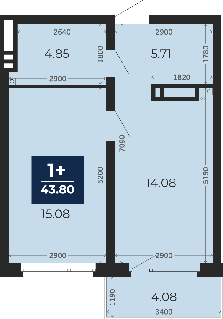 Квартира № 9, 1-комнатная, 43.8 кв. м, 2 этаж