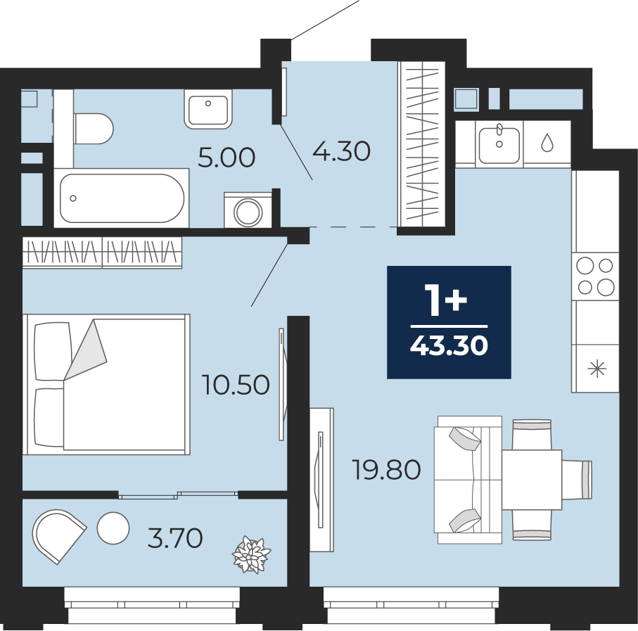 Квартира № 309, 1-комнатная, 43.3 кв. м, 11 этаж