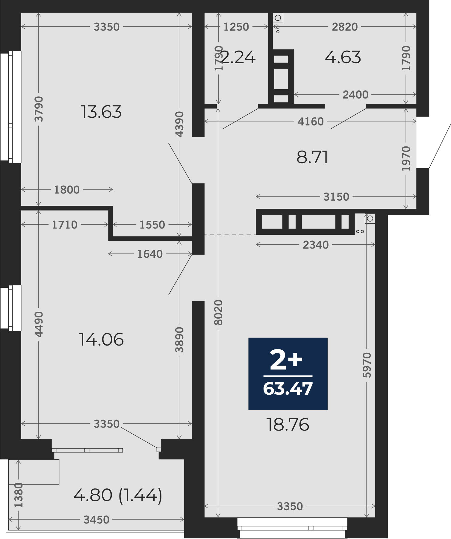 Квартира № 77, 2-комнатная, 63.47 кв. м, 11 этаж