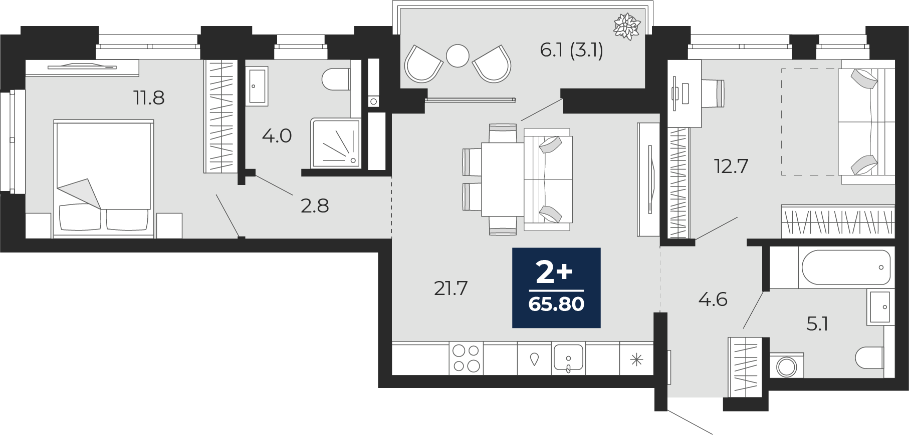 Планировка: Евротрешка 68.8 м² в ЖК Мириады, Мыс