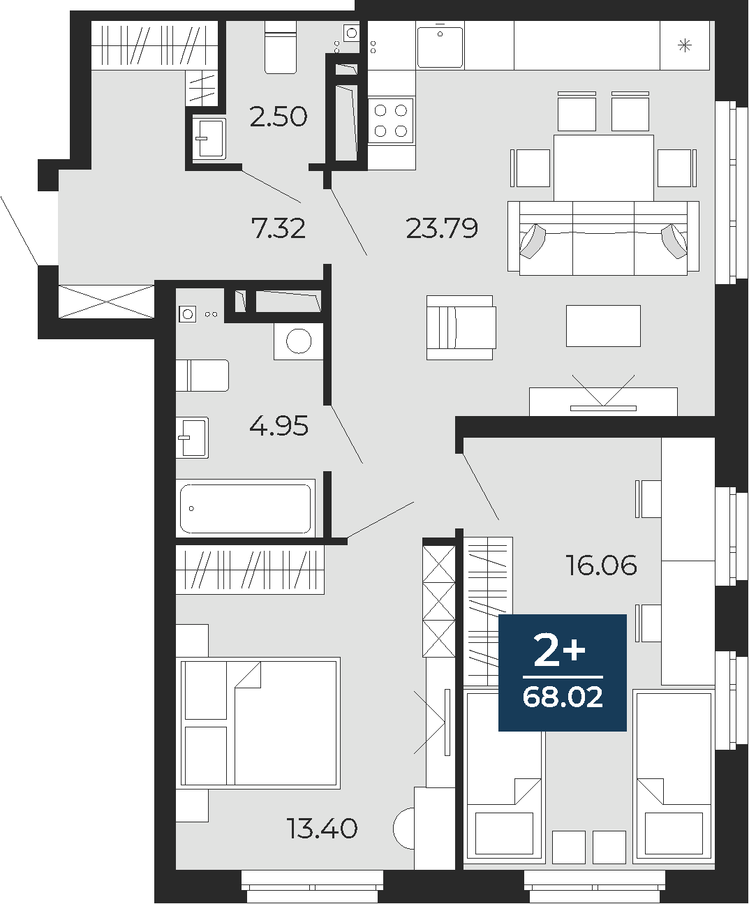 Квартира № 246, 2-комнатная, 68.02 кв. м, 19 этаж