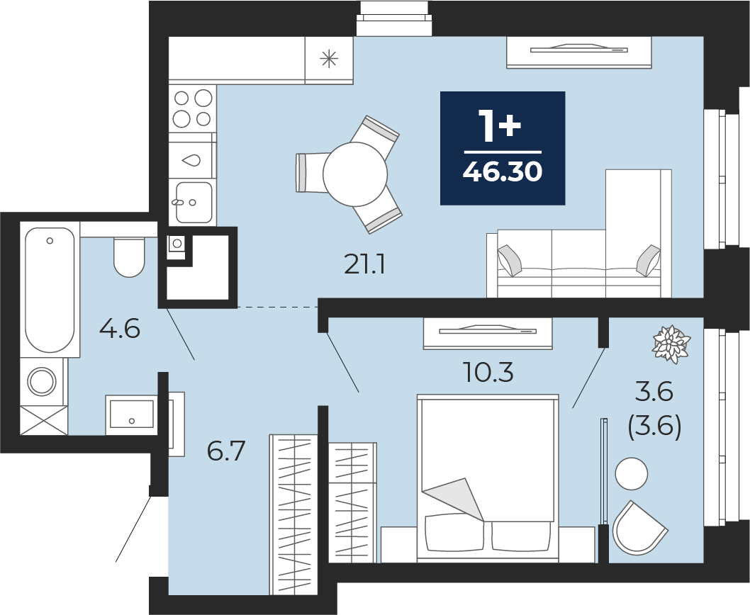 Планировка: Евродвушка 46.3 м² в ЖК Мириады, Мыс