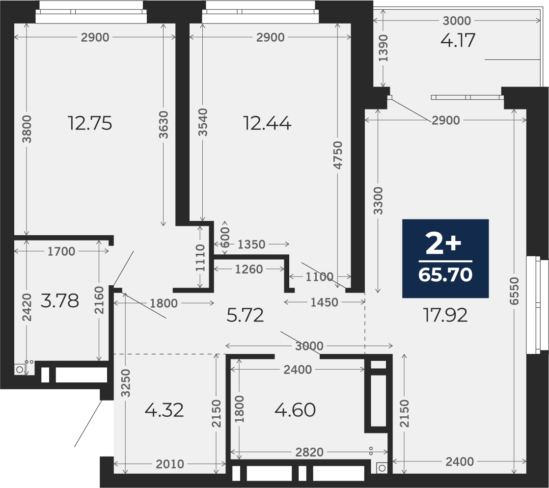 Квартира № 149, 2-комнатная, 65.7 кв. м, 20 этаж