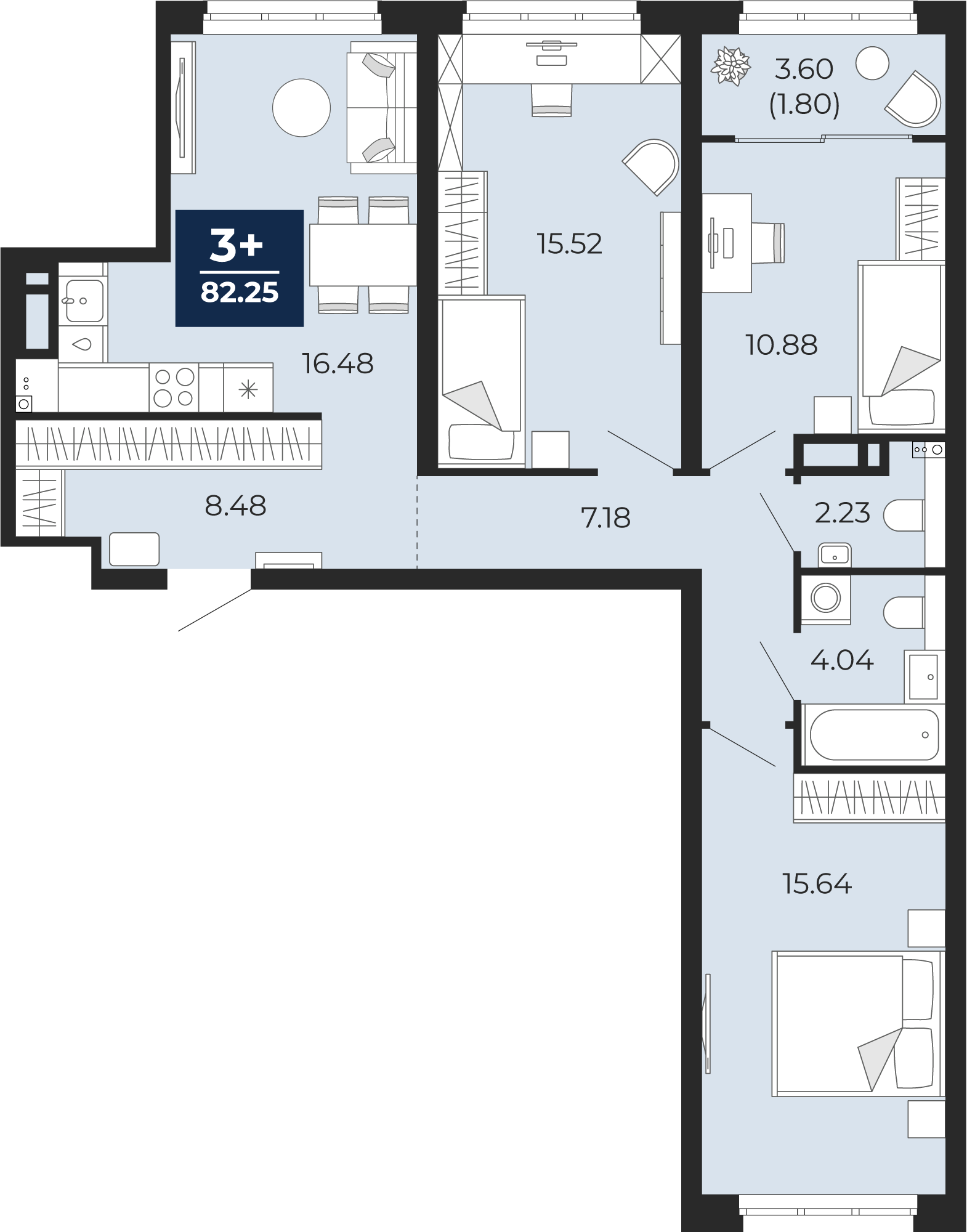 Квартира № 586, 3-комнатная, 82.25 кв. м, 9 этаж