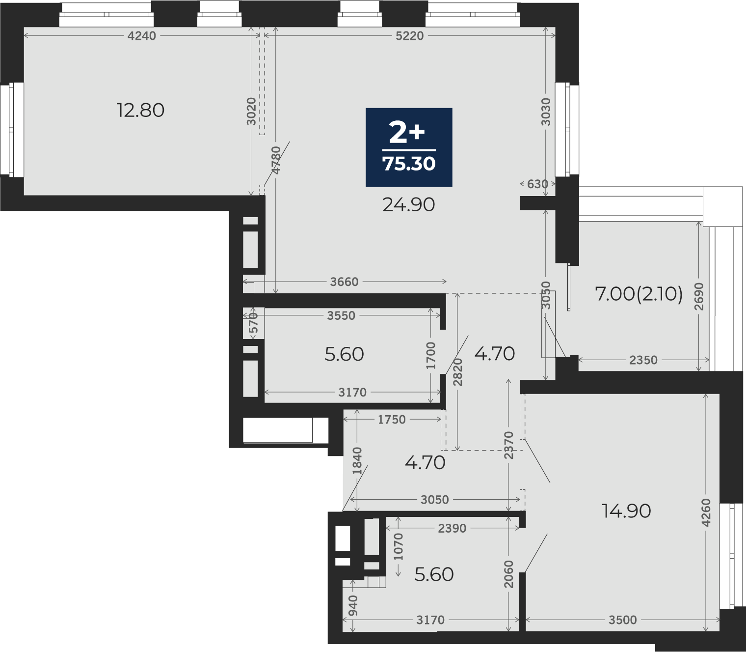 Квартира № 123, 2-комнатная, 75.3 кв. м, 16 этаж