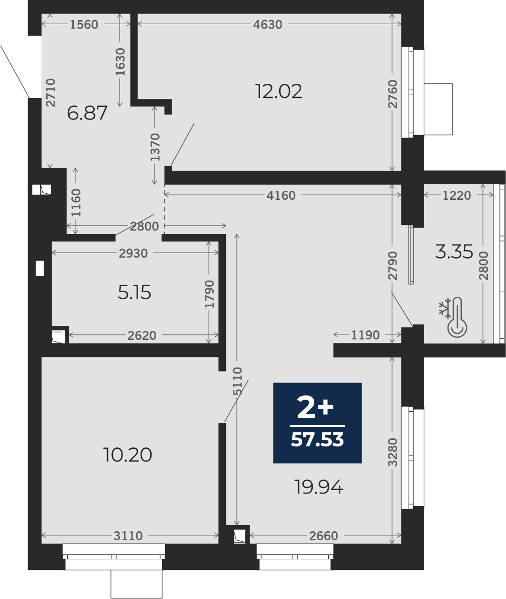 Квартира № 3, 2-комнатная, 55.85 кв. м, 2 этаж